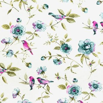 Ткань для штор LD Голубые цветы и фиолетовые птицы 141035v1