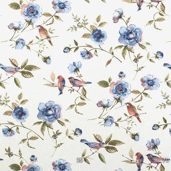 Ткань для штор LD Синие цветы и красные птицы 141035v2