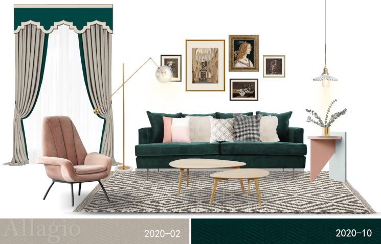 Дизайн штор 2020 - сочетание серо-бежевого и темно-зеленого цветов