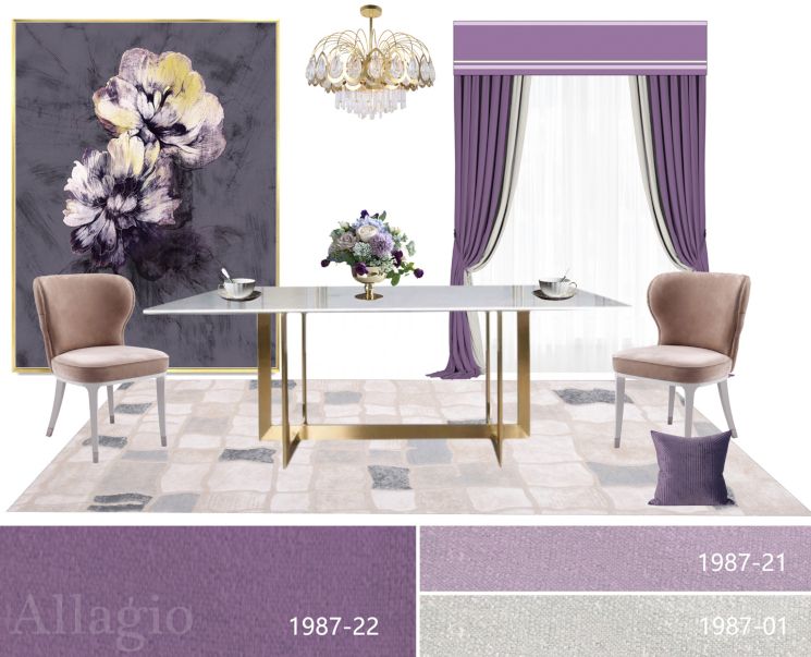 Дизайн штор 2020 - сочетание фиолетового и бело-серого цветов