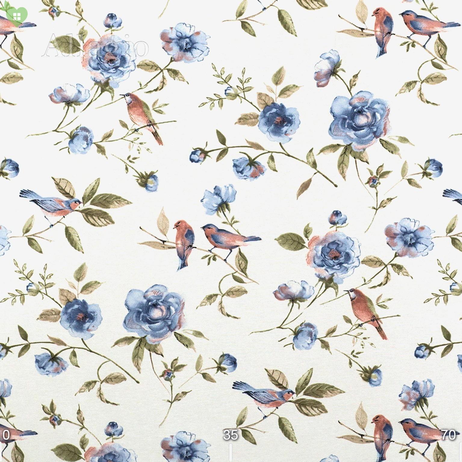 Ткань для штор LD Синие цветы и красные птицы 141035v2